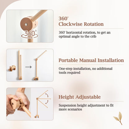 Baby Crib Mobile Arm - Wooden Mobile Arm with Height Adjustable＆360° Rotatable Upgraded Arched Base