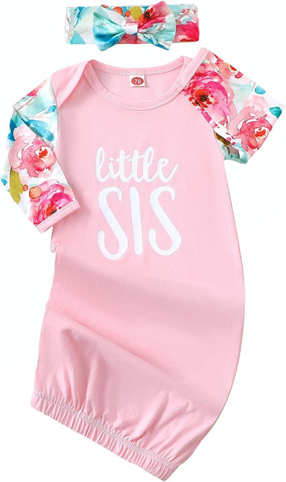 AMAWMW Newborn Baby Girl Little Sister Sleeper Gown Stripe Long Sleeve Nightgown Pajamas Gifts