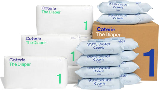 Coterie Baby Wipes + Diapers Kit, Size 1 Diapers (198 Count) & 12 Pack (672 Count) Baby Wipes with