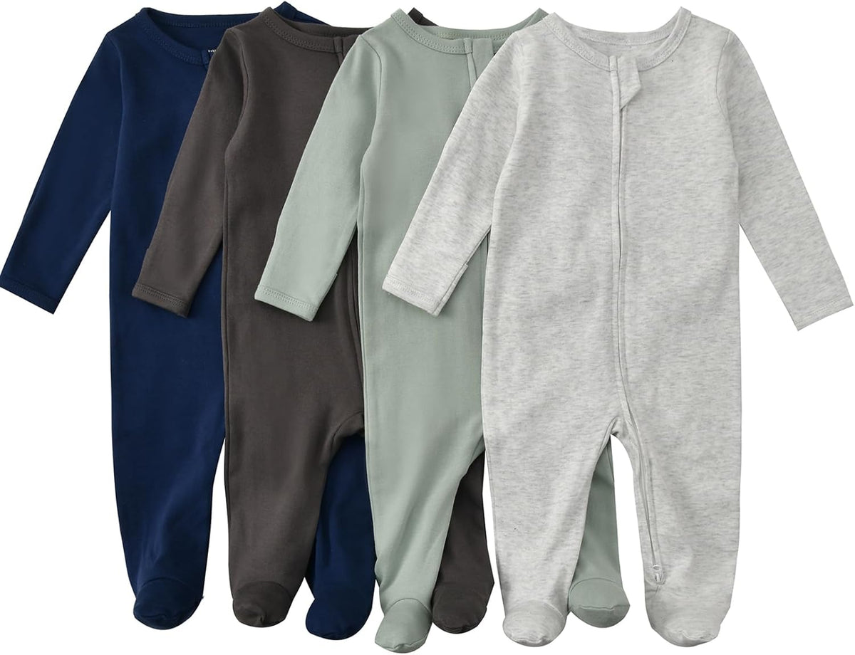 Aablexema Baby Footed Pajamas with Mitten Cuffs Zipper 4-Pack Infant Newborn Cotton Long Sleeve