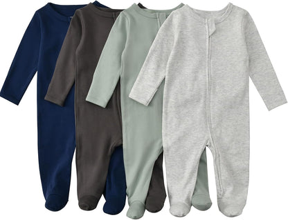 Aablexema Baby Footed Pajamas with Mitten Cuffs Zipper 4-Pack Infant Newborn Cotton Long Sleeve