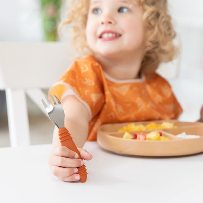 Bumkins Toddler Utensils, Kids Size Fork and Spoon Set, Silicone and Stainless-Steel Training