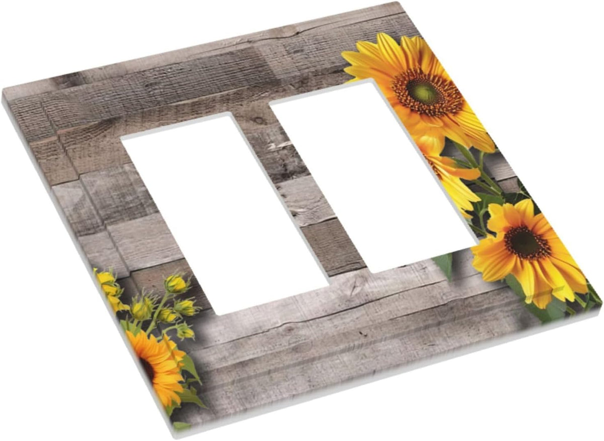 Sunflower Rustic Brown Gray Wood Decorative Outlet Covers 2 Gang Double GFCI Rocker Electrical Wall