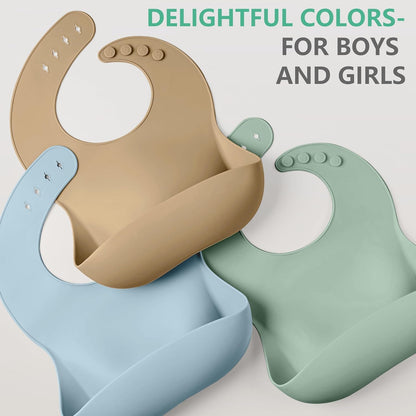 Cuddle Campus Set of 3 Silicone Bibs for Babies & Toddlers,Soft Adjustable Bibs with Pocket Food