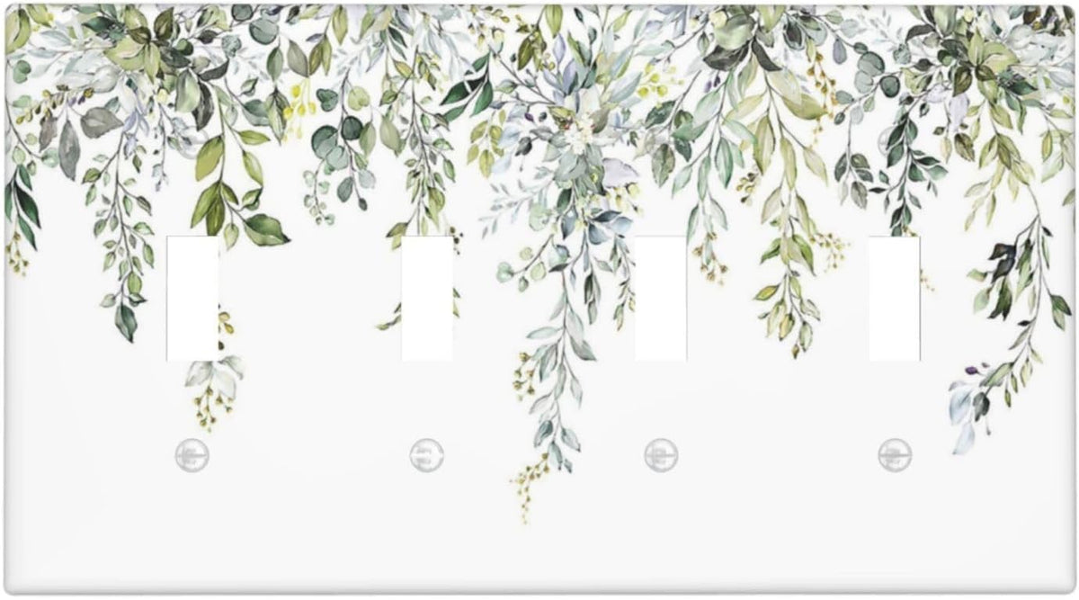 Light Switch Covers Boho Farmhouse Flower Leaf Sage Green Quad Toggle Electrical Faceplate 4 Gang