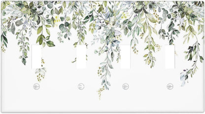 Light Switch Covers Boho Farmhouse Flower Leaf Sage Green Quad Toggle Electrical Faceplate 4 Gang