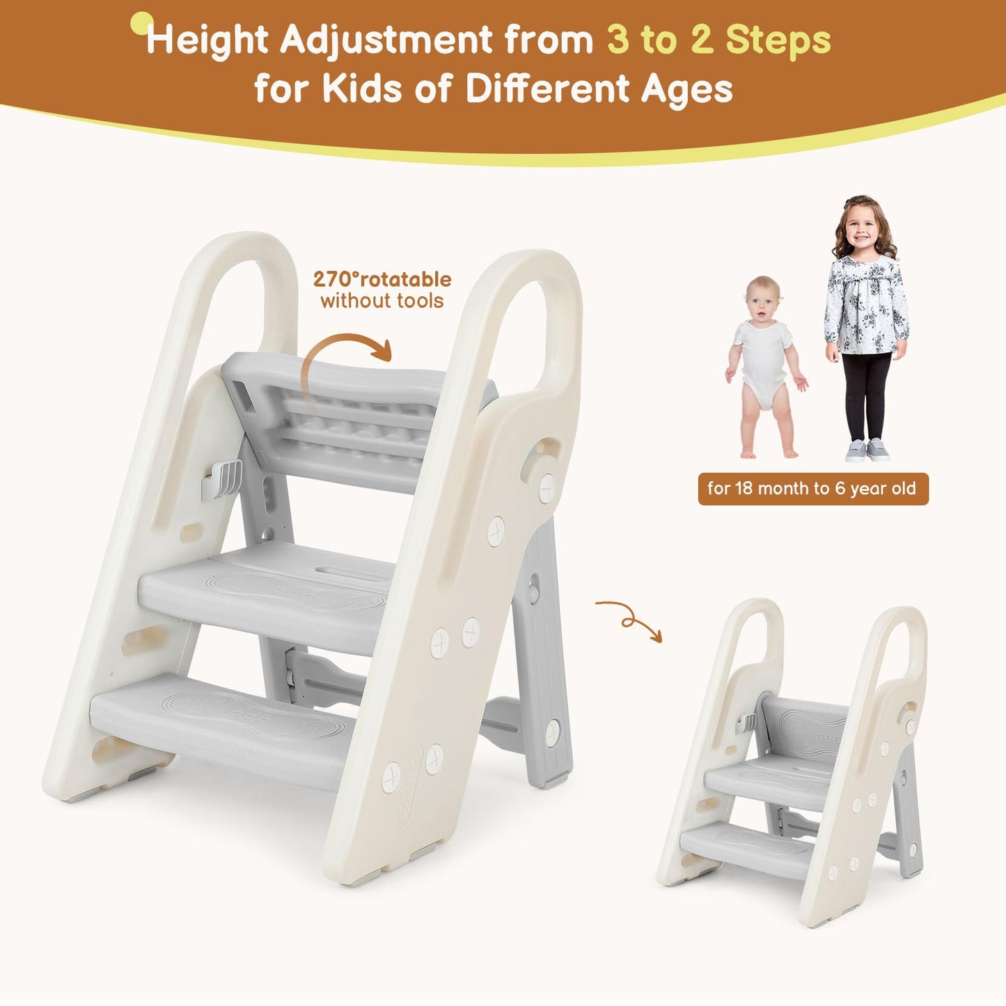 Onasti Foldable Step Stool for Bathroom Sink, Adjustable 3 Step Stool for Kids Toilet Potty