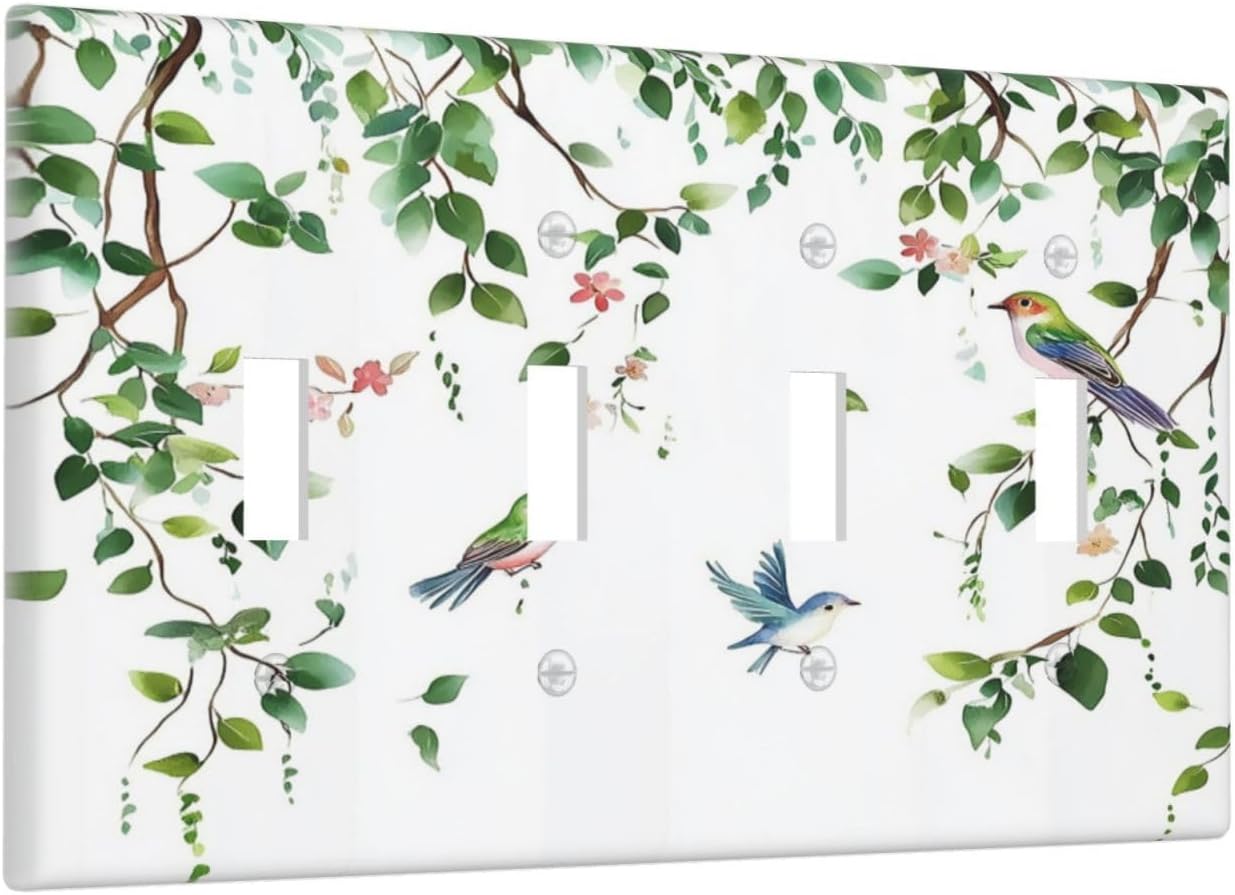 Light Switch Covers Green Leaves Bird Eucalyptus Sage Plant Quad Toggle Electrical Faceplate 4 Gang