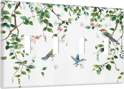 Light Switch Covers Green Leaves Bird Eucalyptus Sage Plant Quad Toggle Electrical Faceplate 4 Gang