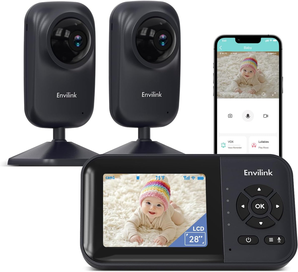 Baby Monitor with Camera and Audio, Video Baby Monitor WiFi Night Vision, 2.8" LCD Screen Baby