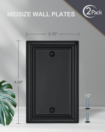 2-Pack Black Blank Wall Plates, No Device Blank Outlet Covers, Metal Electrical Covers for Unused