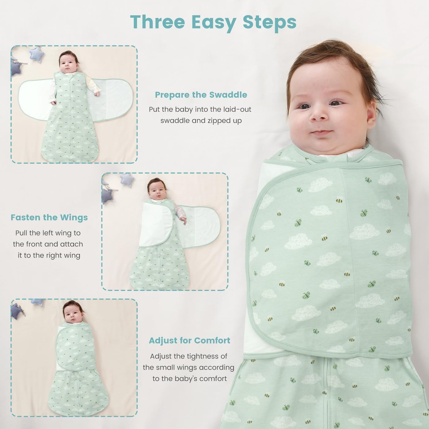Newborn Baby Swaddle Sleep Sack 100% Cotton 1.0 Tog Wearable Blanket for 0-3, 3-6, 6-12 Months