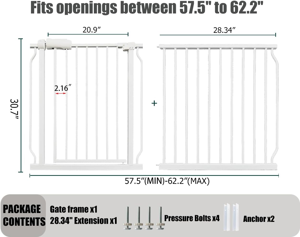 Extra Wide Baby Gate, 57.5-62 Inch - White Metal, Pressure Mounted Indoor Safety Gate, Walk-Through