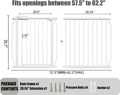 Extra Wide Baby Gate, 57.5-62 Inch - White Metal, Pressure Mounted Indoor Safety Gate, Walk-Through