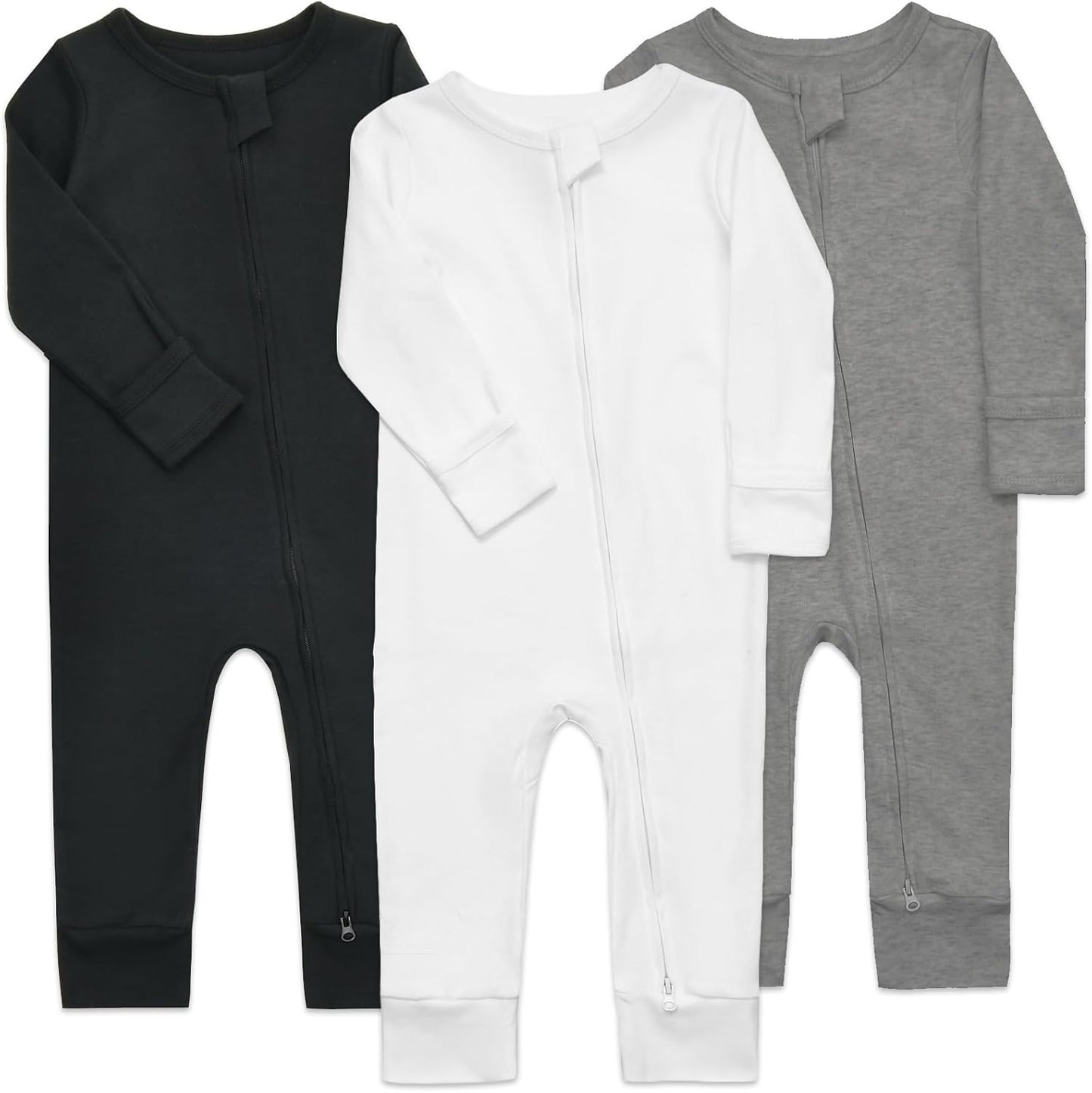 Aablexema 3-Pack Organic Cotton Baby Footless Pajamas with Mitten Cuffs, 2-Way Zipper Romper