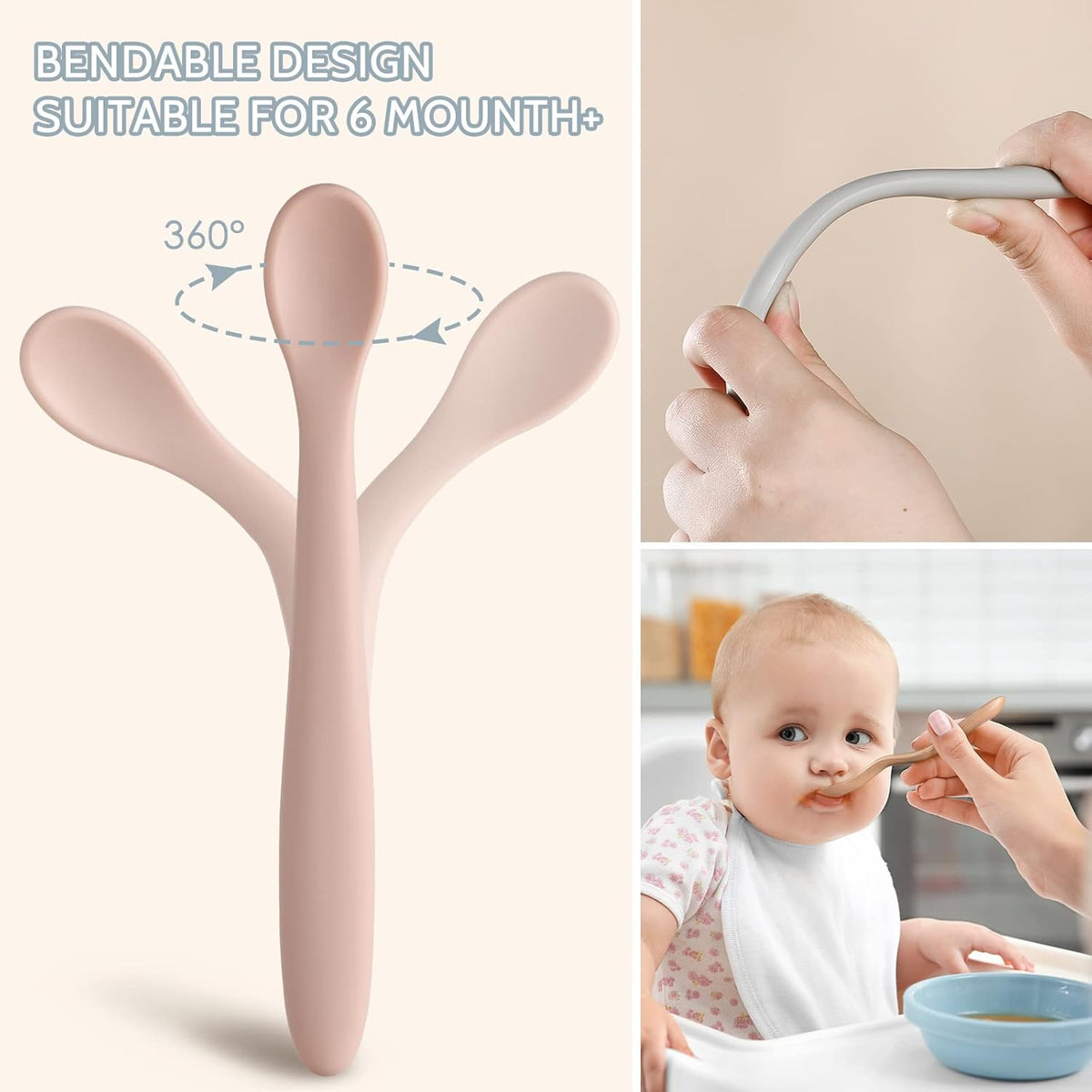 NETANY Silicone Baby Feeding Spoons, First Stage Infant Soft-Tip Easy on Gums I Training Spoon Self