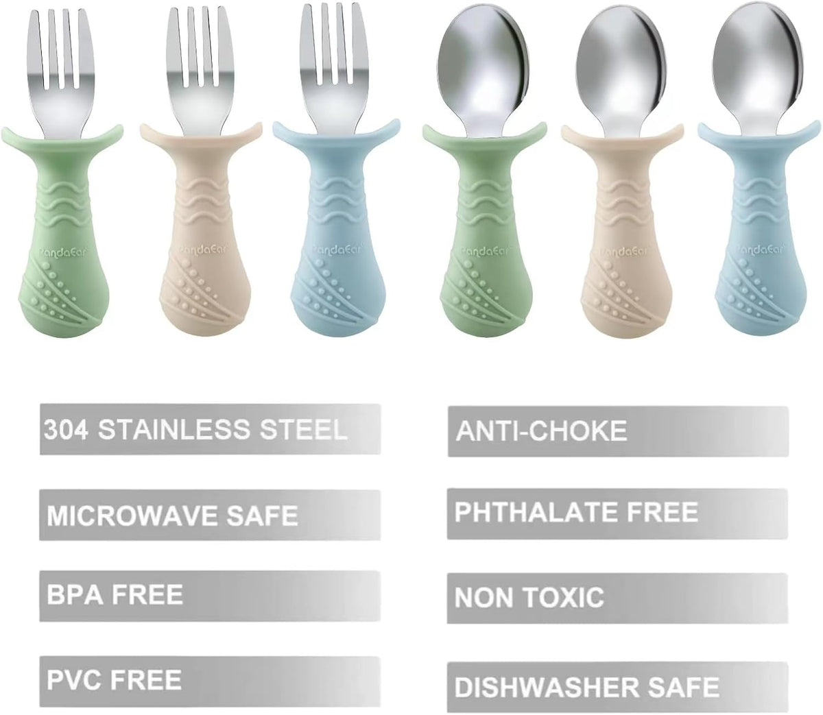 PandaEar Baby Toddler Fork and Spoon Utensil Set, 6 Pack Silicone Stainless Steel Silverware Spoon