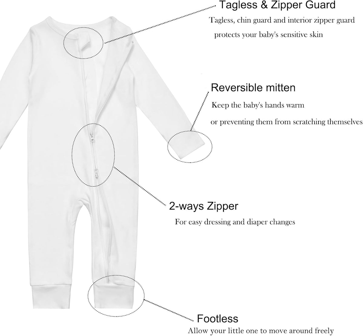Aablexema 3-Pack Organic Cotton Baby Footless Pajamas with Mitten Cuffs, 2-Way Zipper Romper