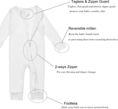 Aablexema 3-Pack Organic Cotton Baby Footless Pajamas with Mitten Cuffs, 2-Way Zipper Romper