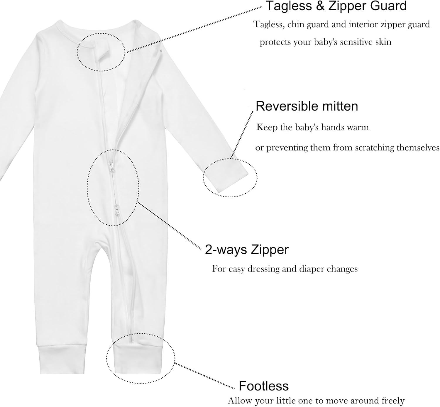 Aablexema 3-Pack Organic Cotton Baby Footless Pajamas with Mitten Cuffs, 2-Way Zipper Romper