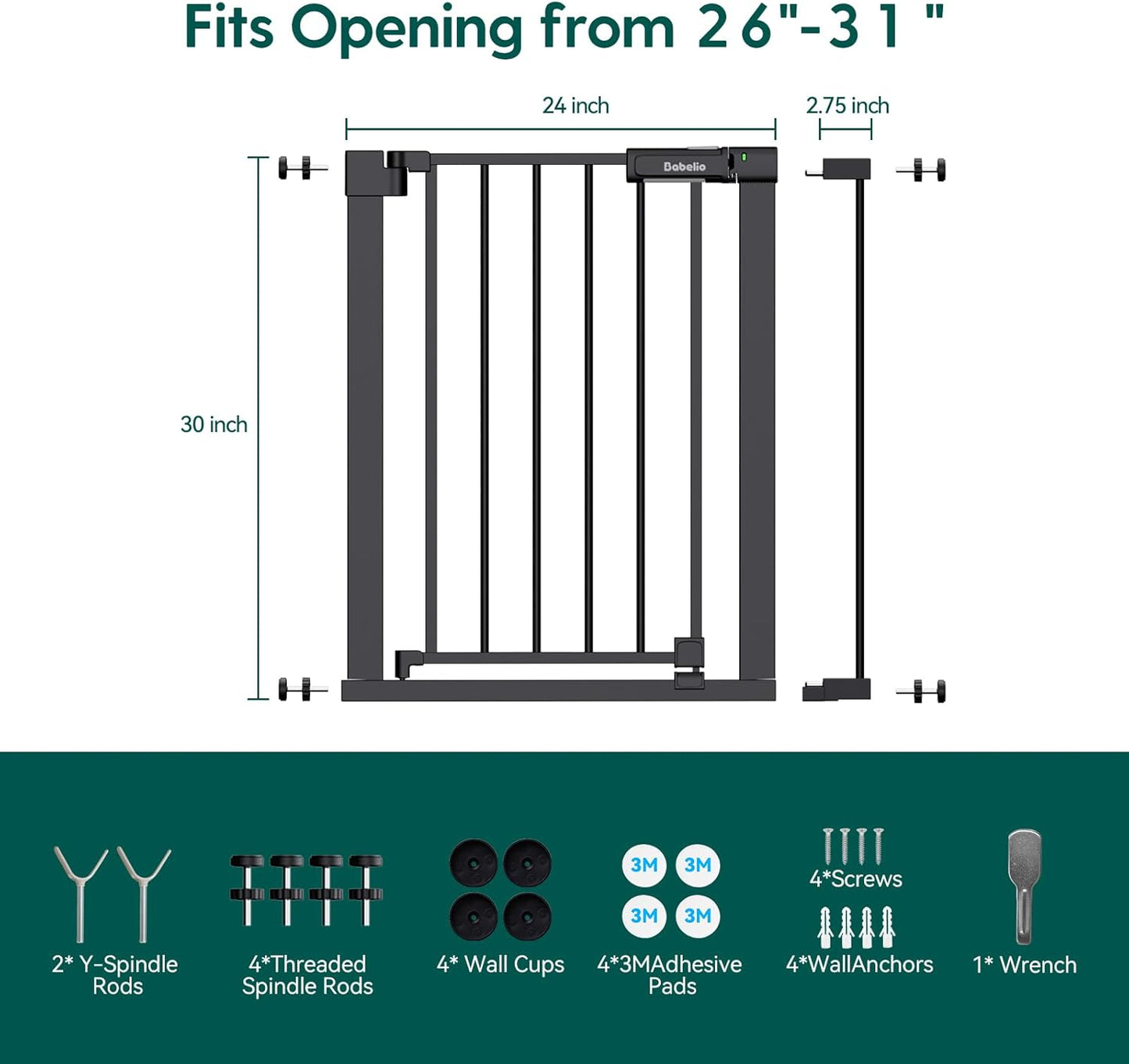 BABELIO Baby Gate for Doorways and Stairs, 26-31" Pet Gate with Wide Walk Thru Door and Lock