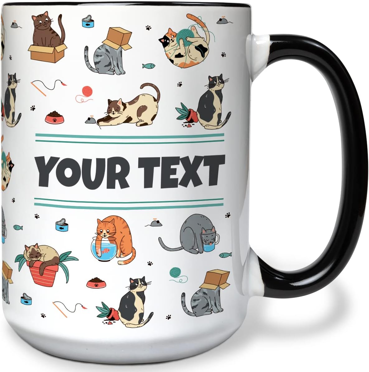 Personalized Mug for Kids - Cats - Custom Name/Text, Ceramic Hot Chocolate/Cocoa/Coffee Cup for