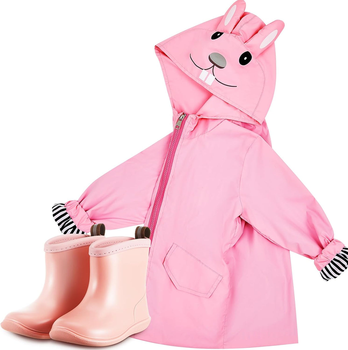 2 Pcs Toddler Raincoat Rain Boots Set Kids Baby Cartoon Hoodie Zipper Jacket Short Rain Shoes for