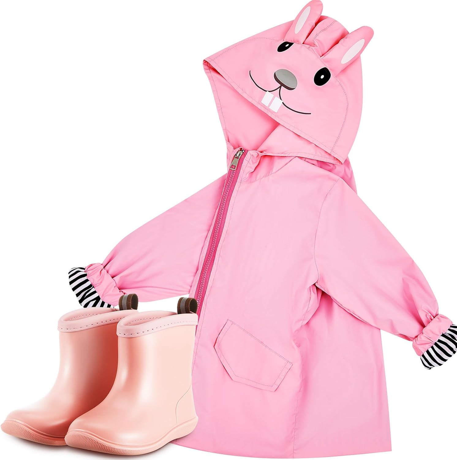 2 Pcs Toddler Raincoat Rain Boots Set Kids Baby Cartoon Hoodie Zipper Jacket Short Rain Shoes for