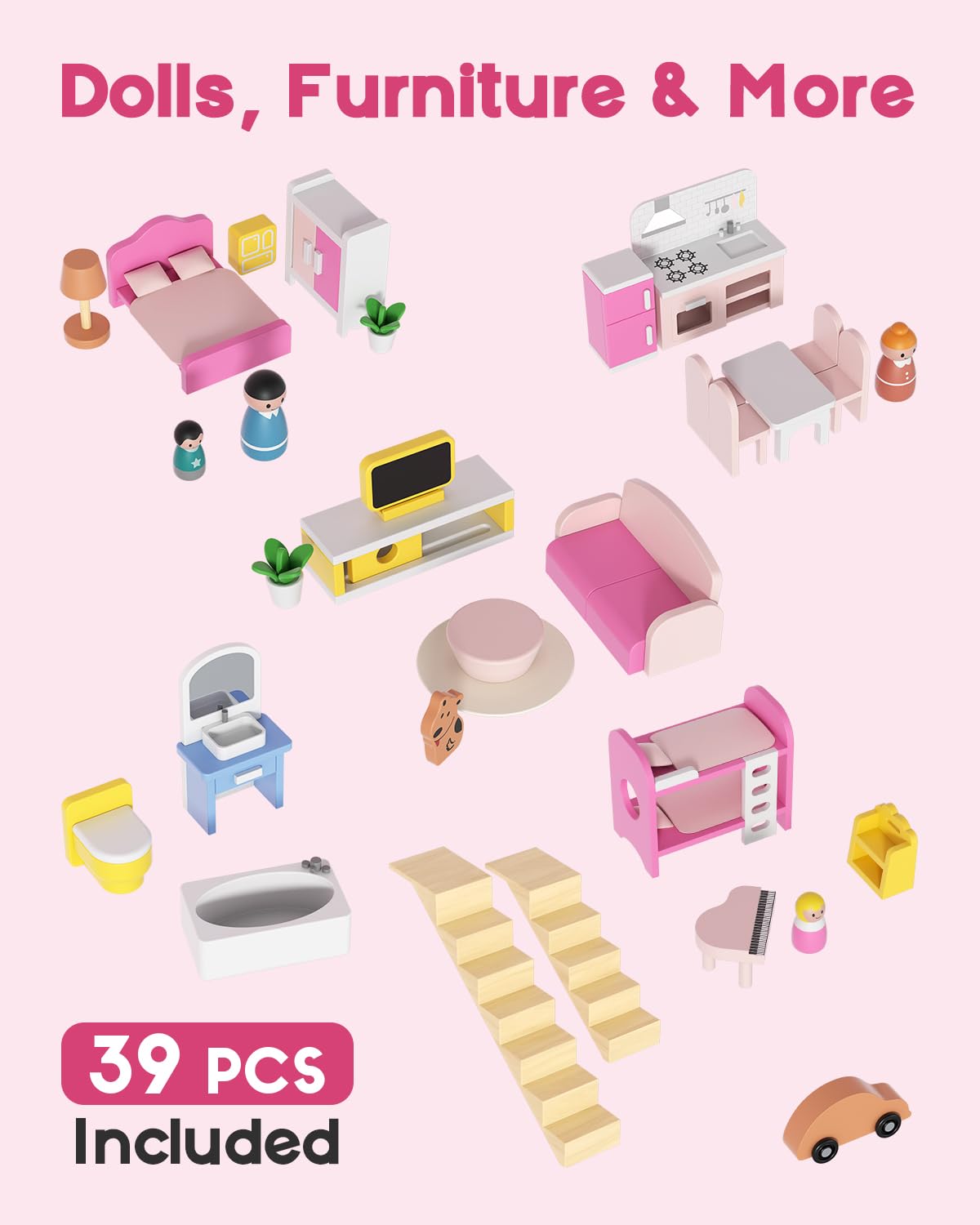 BIERUM Wooden Dollhouse for Girls, Doll House with 5 Rooms Play Toys, Pink