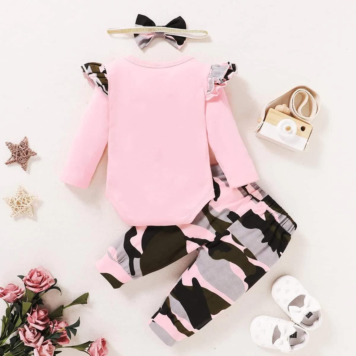 Newborn Baby Girl Clothes, Infant Girl Outfits Long Sleeve Ruffle Romper + Floral Pants + Headband