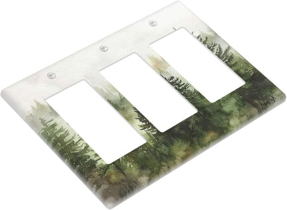 Light Switch Covers Green Forest Watercolor Painting Foggy Pine 3 Gang Rocker Electrical GFCI