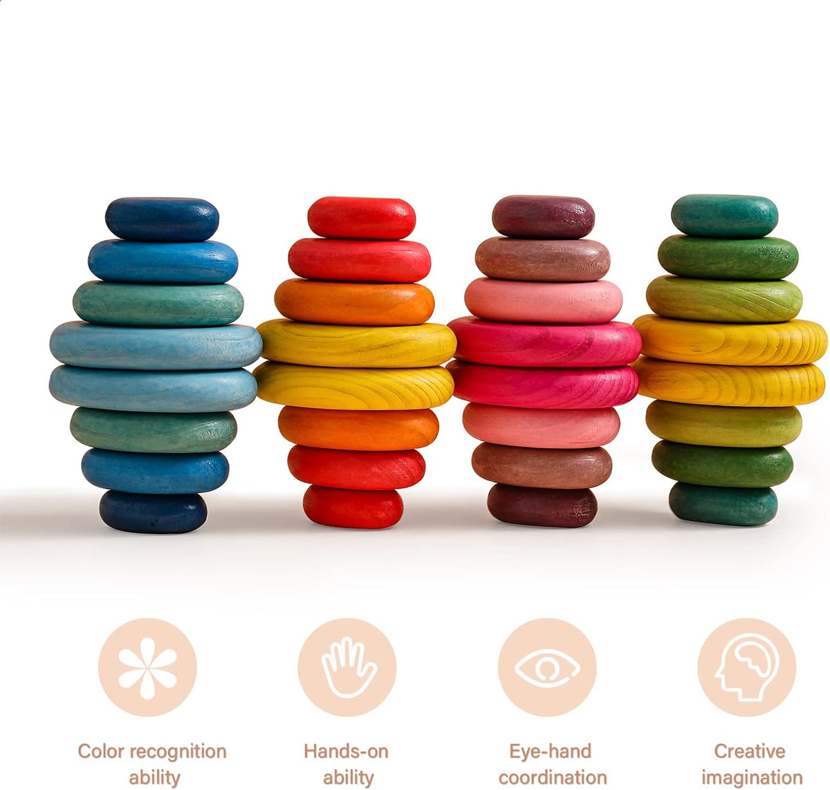 OESSUF 16pcs Extra-Large Wooden Sorting Stacking Rocks - Safe Montessori Toys for 1-3 Year Old
