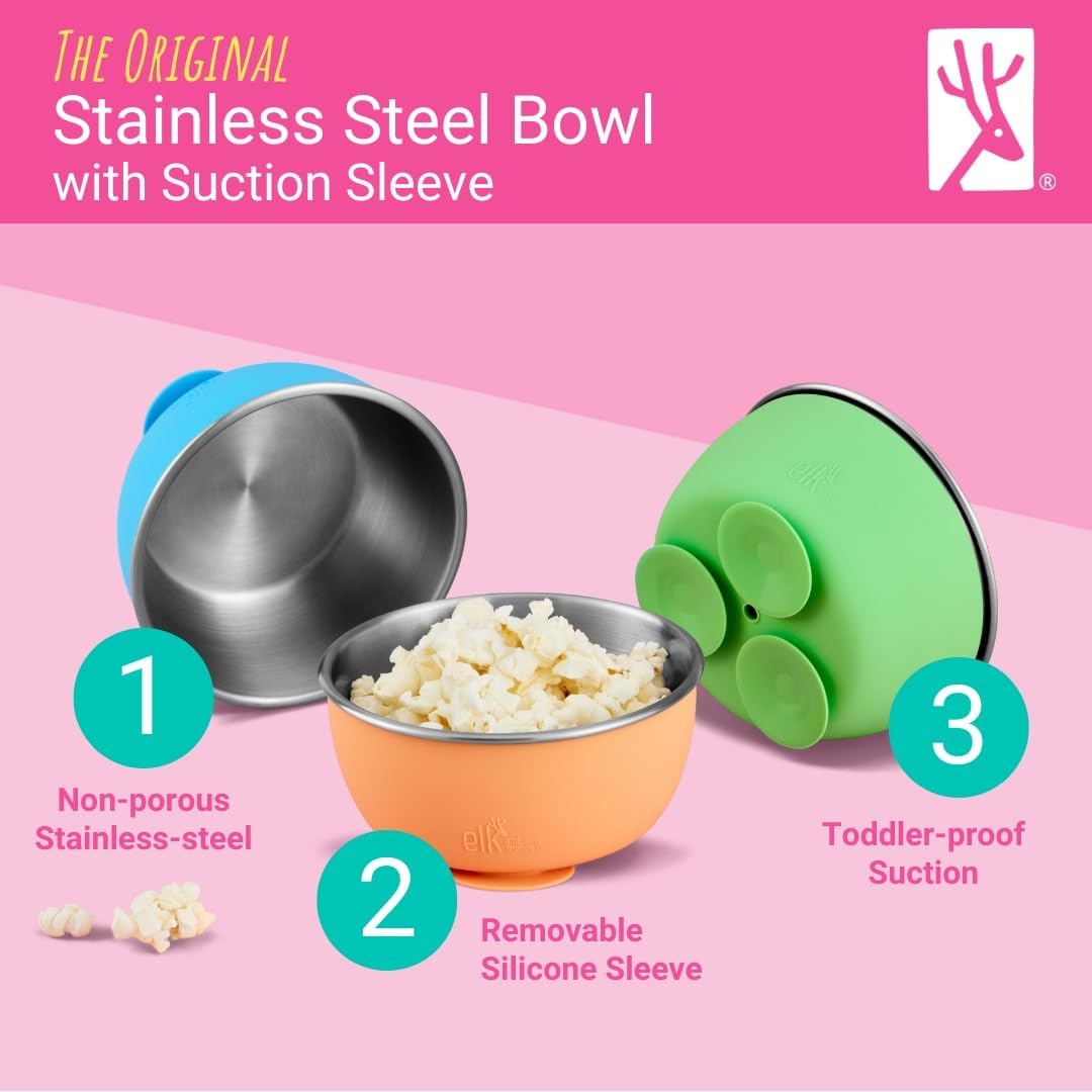 Elk and Friends Stainless Steel Bowls with Silicone Sleeve for Babies & Toddlers | Lids Included |