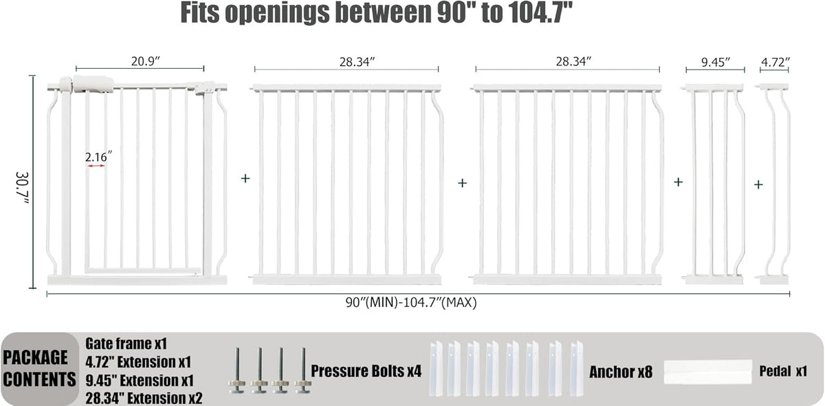 Heavy Duty Baby & Dog Safety Gate 86-104.7 Inch, White Metal, Tension Mounted No Drilling Pet Gate