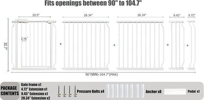 Heavy Duty Baby & Dog Safety Gate 86-104.7 Inch, White Metal, Tension Mounted No Drilling Pet Gate
