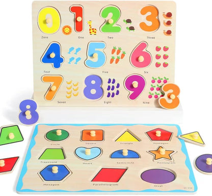 GRINNNIE Wooden Montessori Toddler Puzzles for 1 2 3 4 Years Old, 3 Pcs (Number, Letter, Shape)