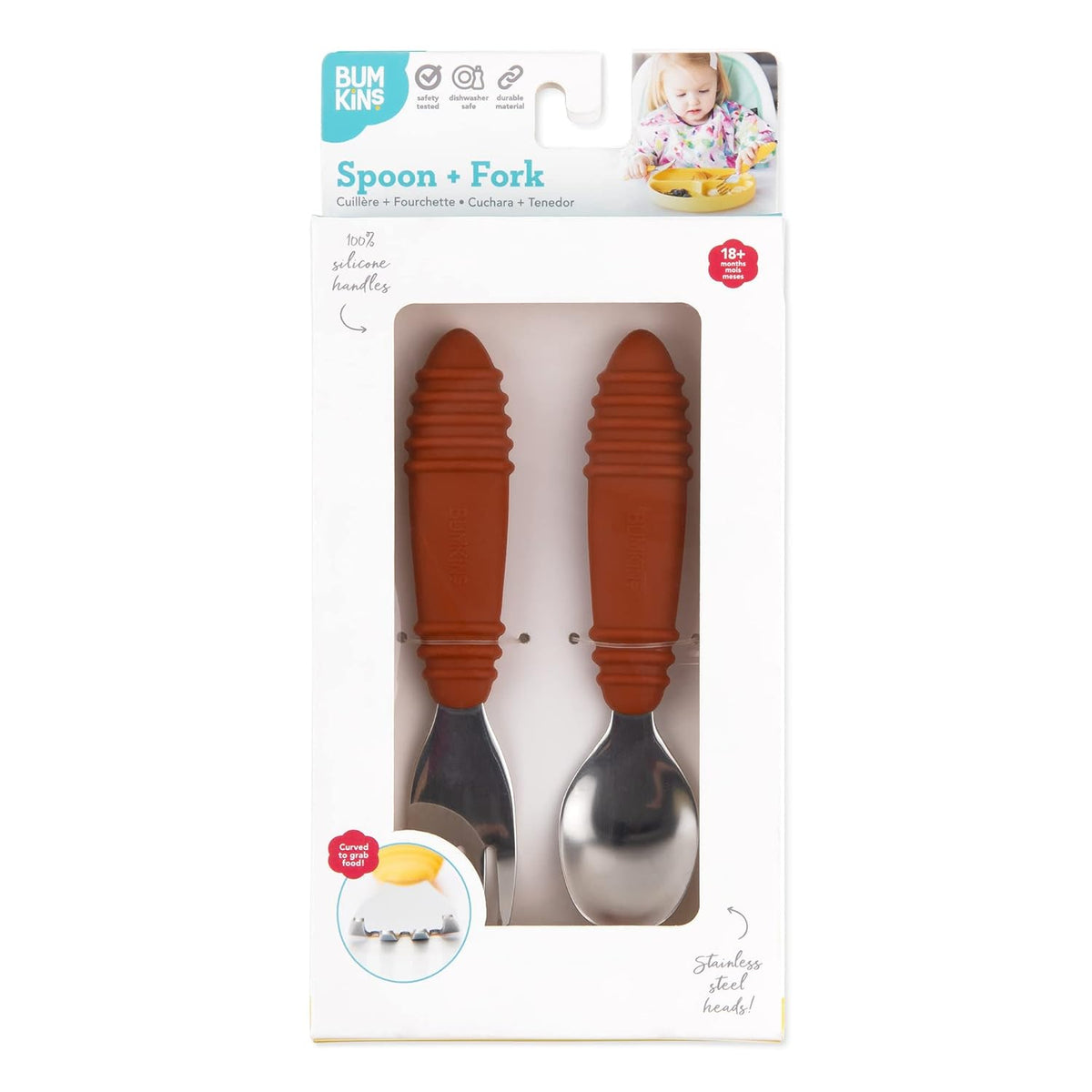 Bumkins Toddler Utensils, Kids Size Fork and Spoon Set, Silicone and Stainless-Steel Training
