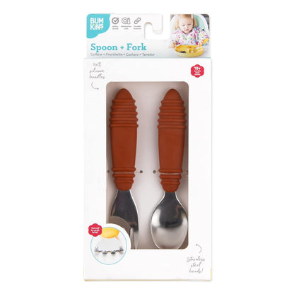 Bumkins Toddler Utensils, Kids Size Fork and Spoon Set, Silicone and Stainless-Steel Training