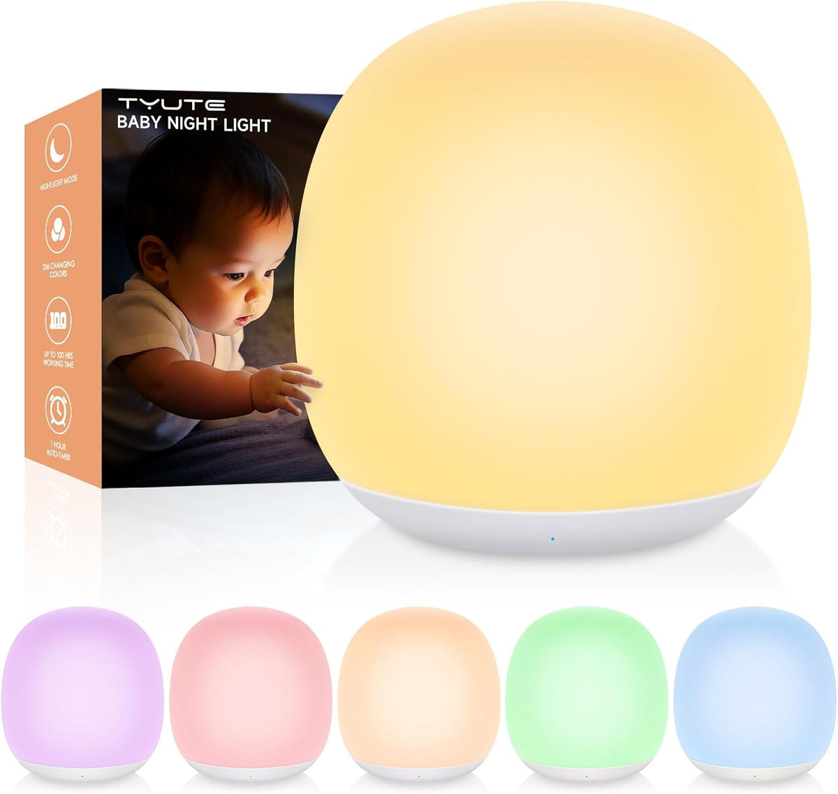 Baby Night Light, Nursery Night Lamp with 8 RGB Colors Changing, 1h Timer, Rechargeable & Touch