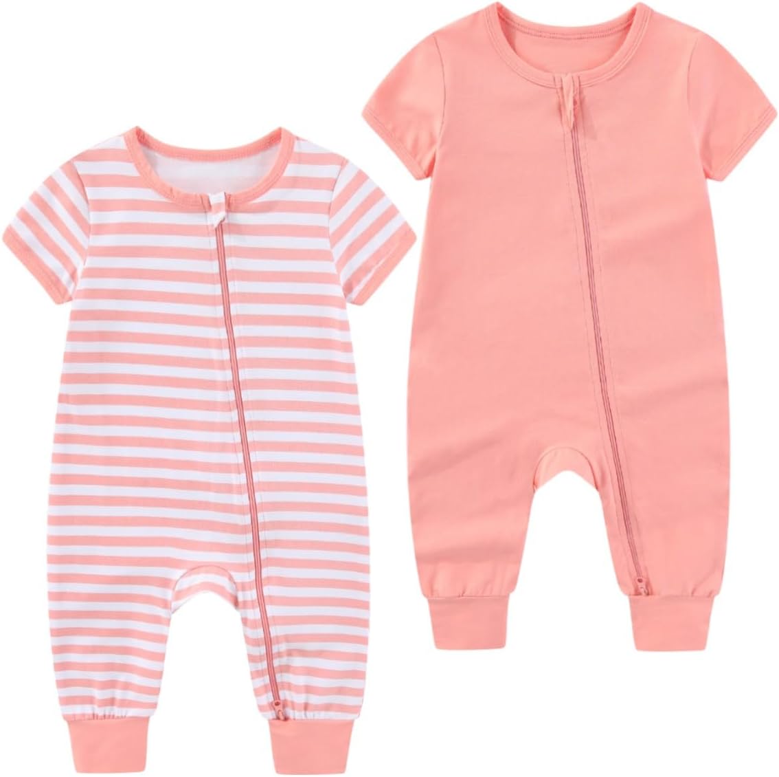 2 Pack Unisex Baby Short Sleeve Rompers 2 Way Zipper New Born One-Piece Jumpsuits 0-24Months Infant