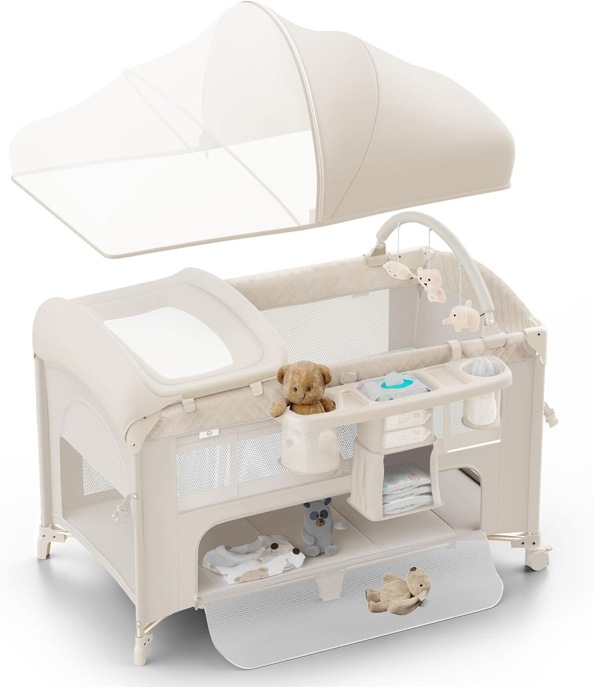 4 in 1 Baby Bassinet, Pack and Play, Bedside Crib Sleeper, Diaper Changer - Comes with Mattress