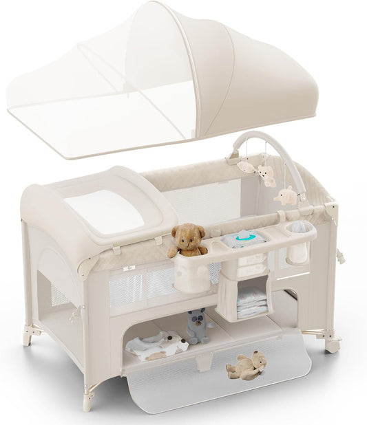 4 in 1 Baby Bassinet, Pack and Play, Bedside Crib Sleeper, Diaper Changer - Comes with Mattress