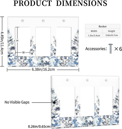 Light Switch Covers Light Blue Watercolor Leaves Plant With Floral 3 Gang Rocker Electrical GFCI