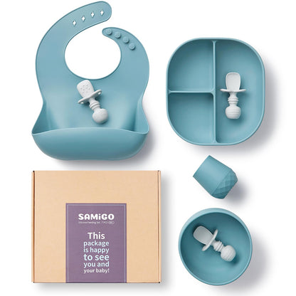 SAMiGO Silicone Baby Feeding Set, Baby Led Weaning Supplies, Suction Bowl Plate Bib Cup Self