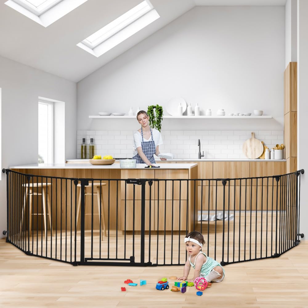 COMOMY 150" Extra Wide Baby Gate with Door, Dog Gates for The House Doorways Fireplace, Auto Close