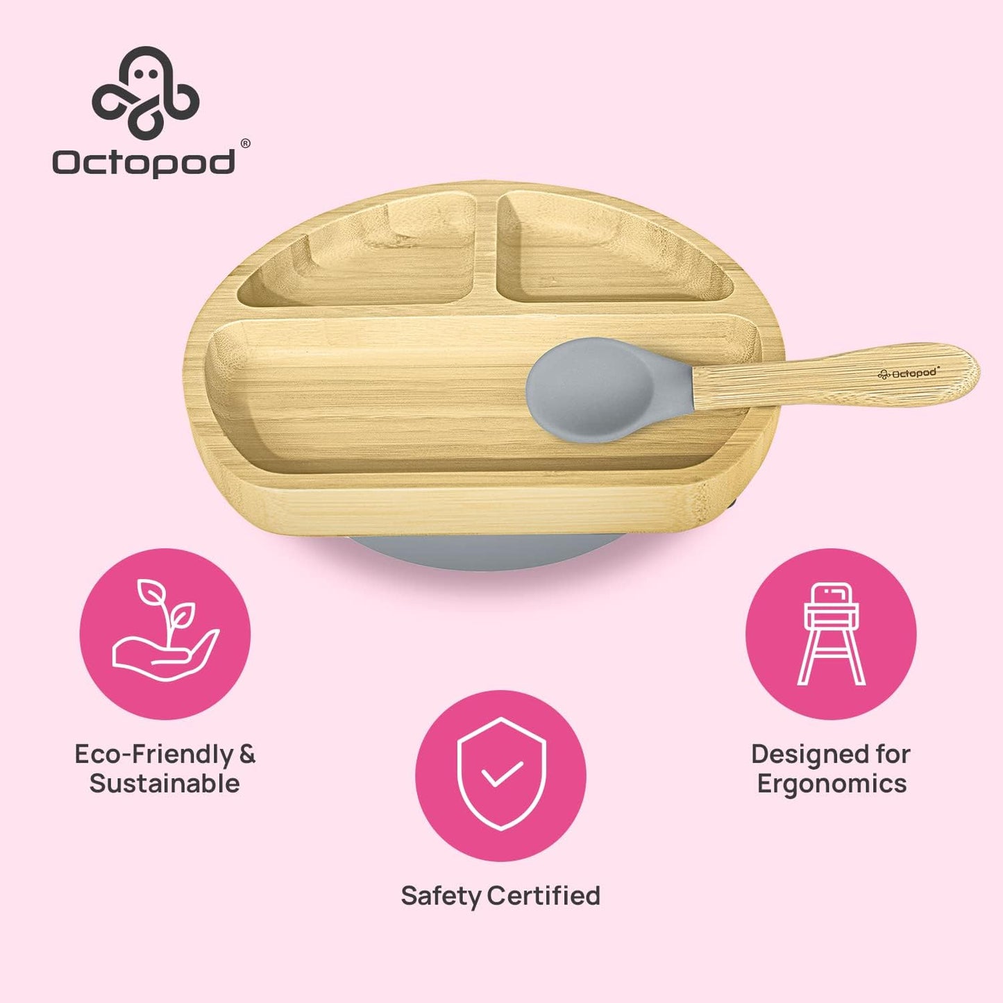 Abiie Octopod Bamboo Dish - Kids Plates for 4 months and up, 3-Compartment Baby Plates with