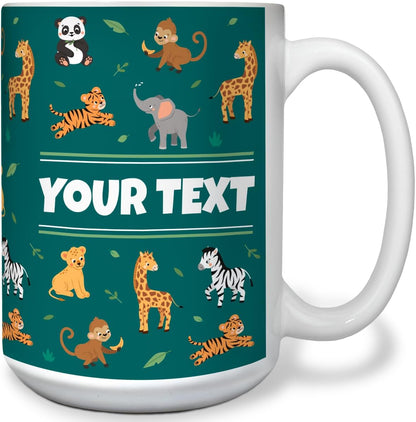 Personalized Mug for Kids - Zoo Animals - Custom Name/Text, Ceramic Hot Chocolate/Cocoa/Coffee Cup