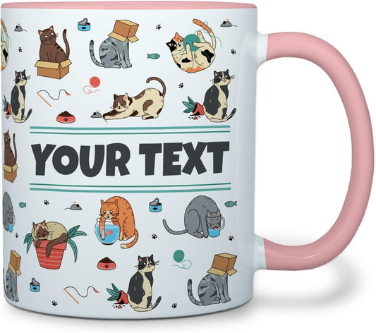Personalized Mug for Kids - Cats - Custom Name/Text, Ceramic Hot Chocolate/Cocoa/Coffee Cup for