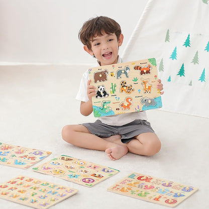 GRINNNIE Wooden Puzzles for Toddlers 3 4 5 Years Old, Montessori Toddler Toys 5PCS Peg Puzzles with
