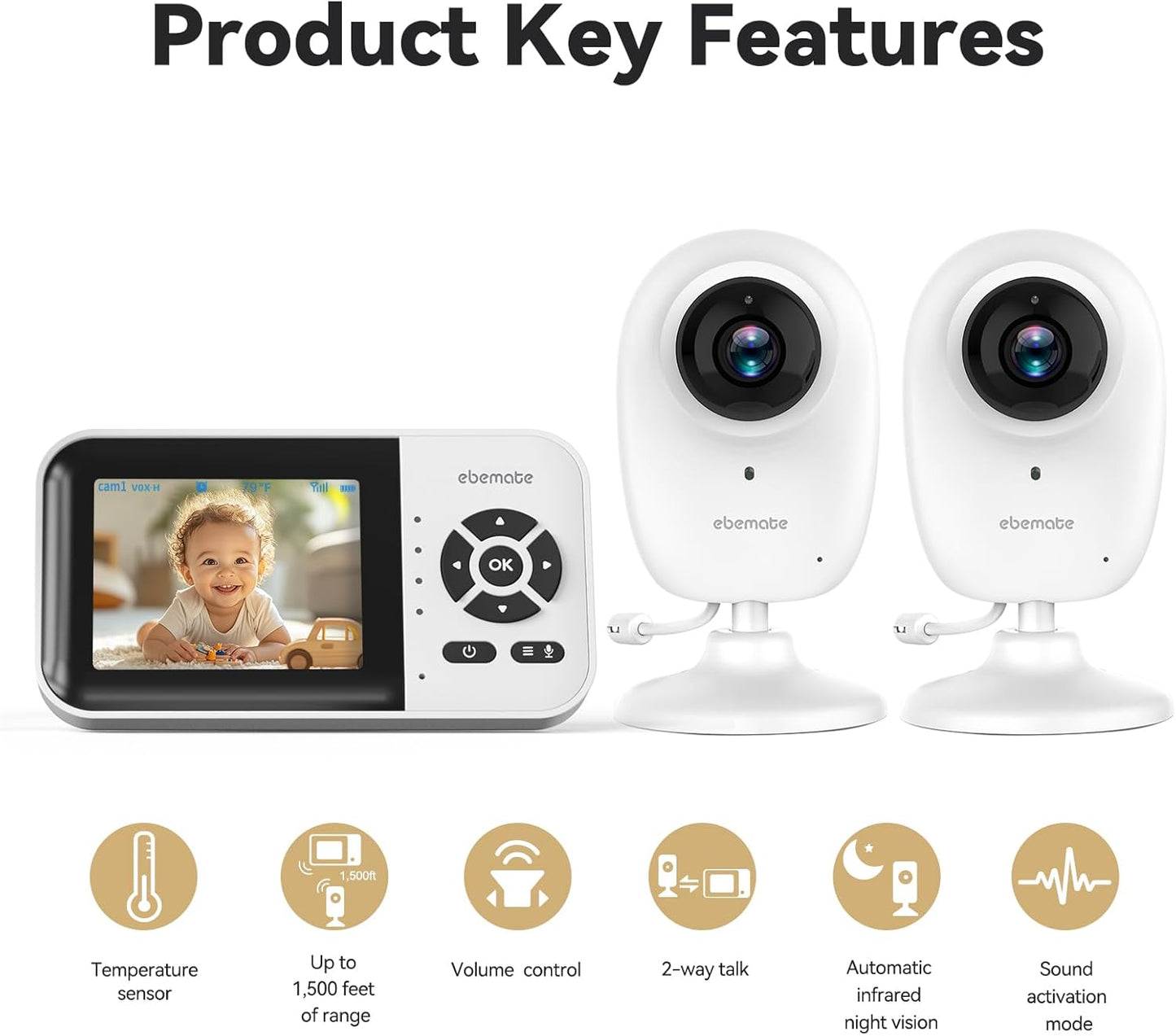 ebemate WiFi Video Baby Monitor with 2 Camera,2.8" Display with 1500Ft Long Range,WiFi On/Off,1080P